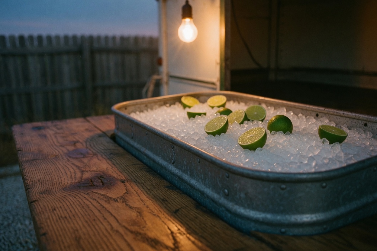 Crushed ice and cut limes in the galvanized well