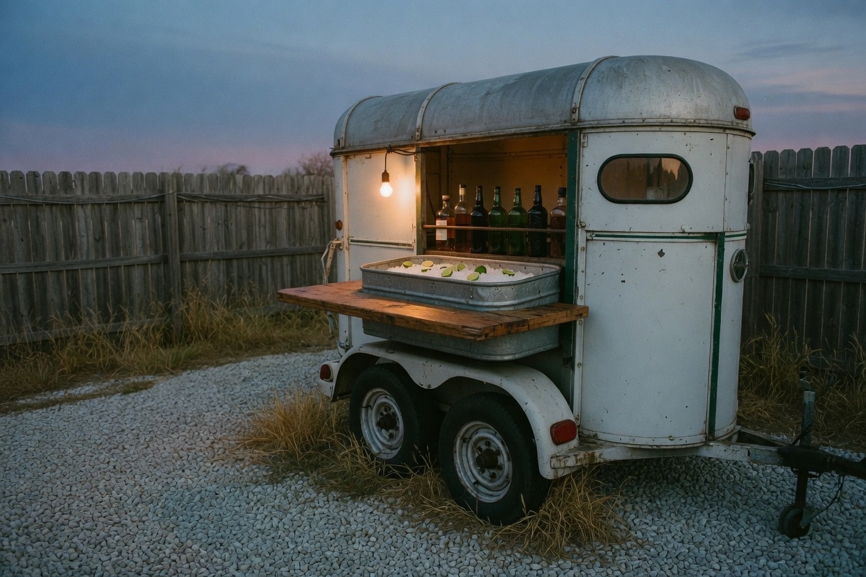 The open trailer in the side yard at dusk