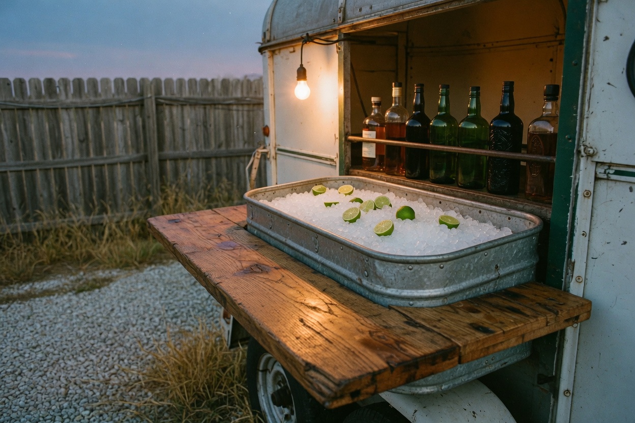 The trailer bar open at dusk, oak top and ice well under one warm bulb